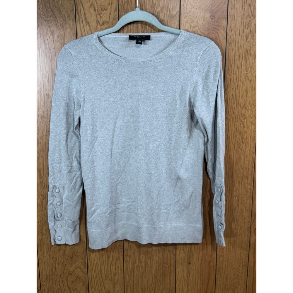 Ann Taylor Petite Light Gray Scallop Button Cuff Crew Neck Sweater SP